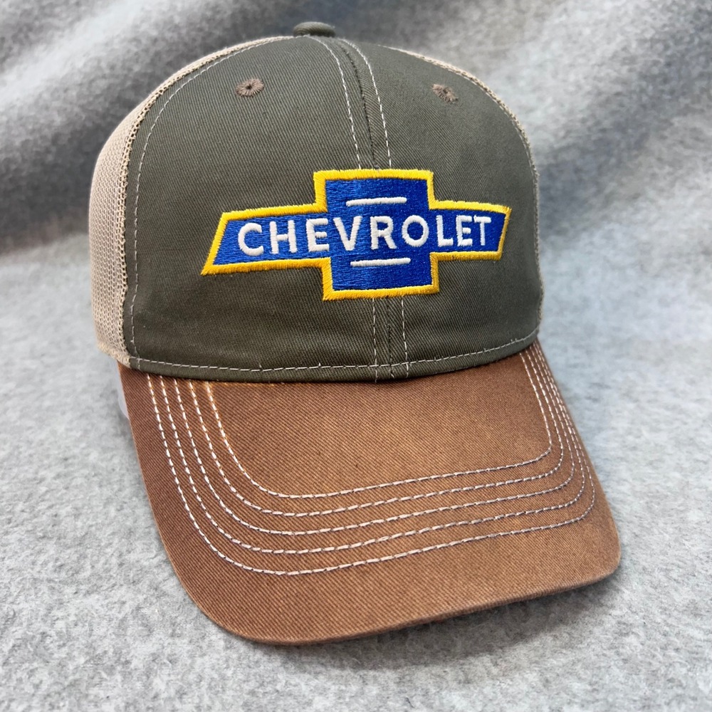 Chevrolet Bowtie Logo Mens Green Brown Chevrolet Trucker Hat Snapback OSFM